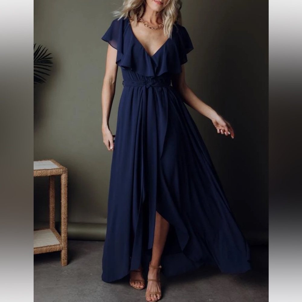 Baltic Born Navy Blue Ruffle V-Neck Maxi Dress